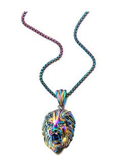 COOLSTEELANDBEYOND Stainless Steel Colorful Lion Head Pendant Necklace  - Image 1
