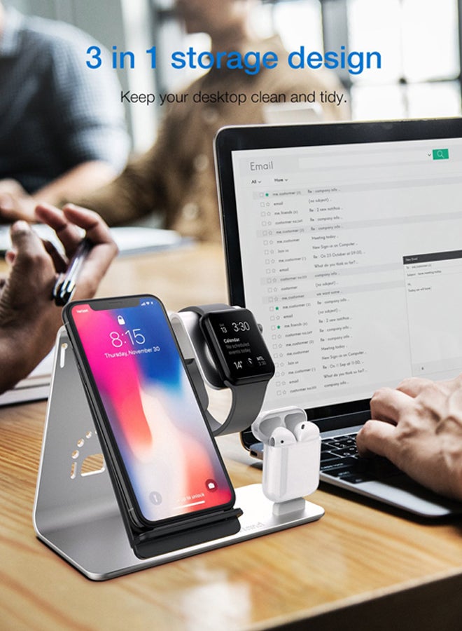 MARGOUN 3-In-1 Wireless Charging Stand For Apple Watch Series 2 38mm/Apple iPhone XS/Apple AirPods Silver - Image 5