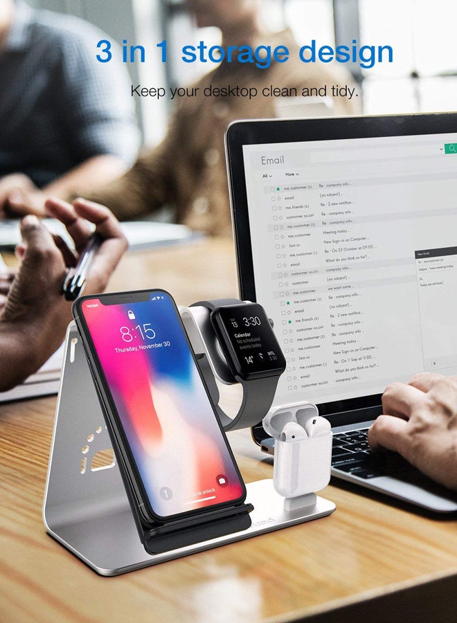 MARGOUN - 3-In-1 Wireless Charging Stand For Apple Watch Edition Series 2 38mm/Apple iPhone XS Max/Apple AirPods Silver - Image 1