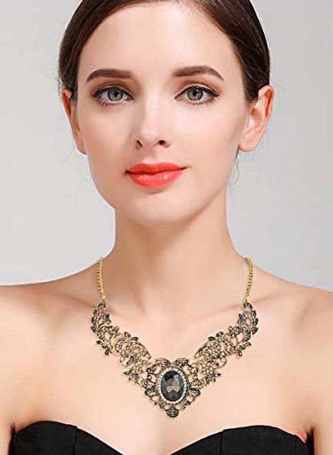 BriLove Brass  Crystal Vintage Inspired Crystal Floral Scroll Statement Bib Necklace - Image 2