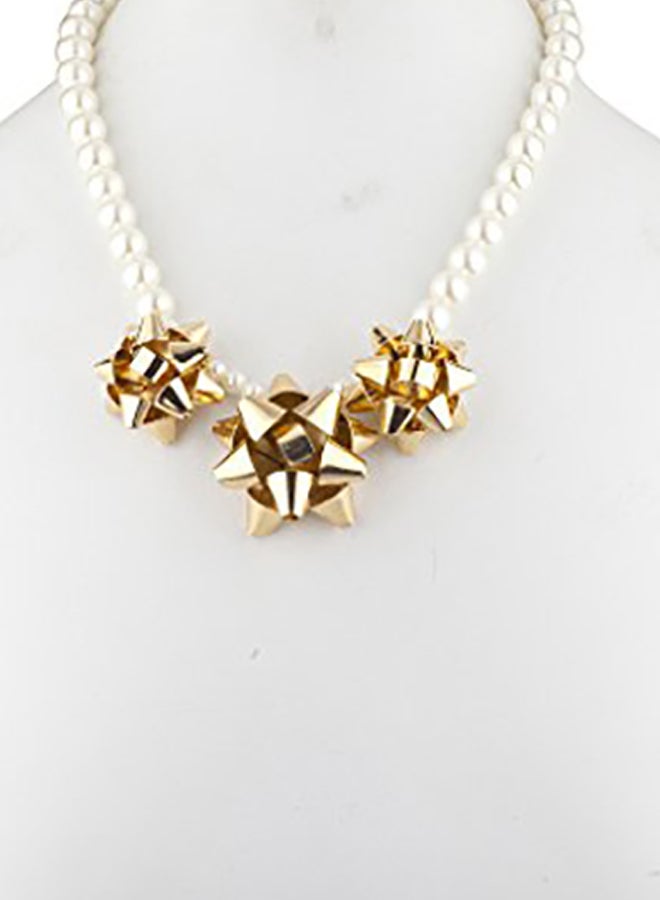 Lux Accessories - Brass  Pearl Present Tie Statement Bib Necklace - Image 1