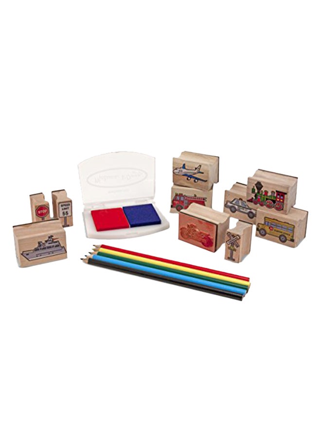 Melissa & Doug Wooden Stamp Set: Vehicles - 10 Stamps, 5 Colored Pencils, 2-Color Stamp Pad - Image 1