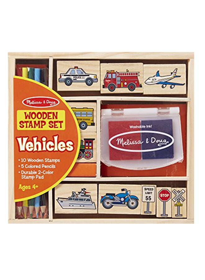 Melissa & Doug Wooden Stamp Set: Vehicles - 10 Stamps, 5 Colored Pencils, 2-Color Stamp Pad - Image 3