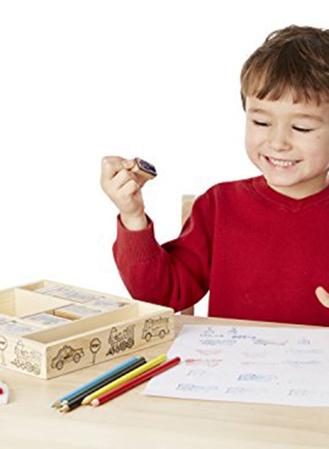 Melissa & Doug Wooden Stamp Set: Vehicles - 10 Stamps, 5 Colored Pencils, 2-Color Stamp Pad - Image 2