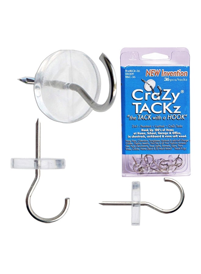CraZy TACKz 36-Piece 2 In 1 Push Pin Hook Silver/Clear - Image 1