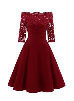 Lace Detailed Solid Pattern Retro Dress Red