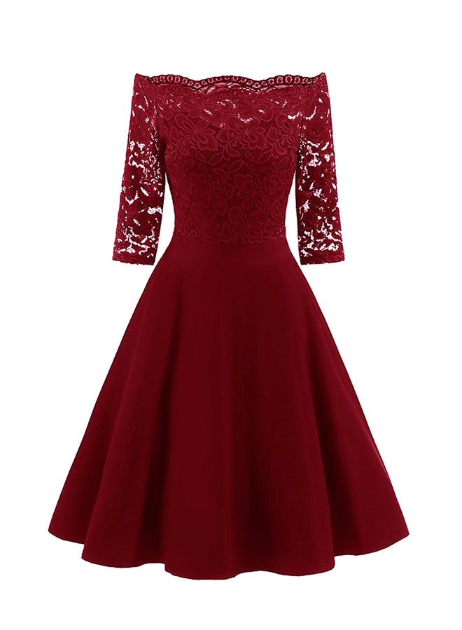 Sharpdo - Lace Detailed Solid Pattern Retro Dress Red - Image 1