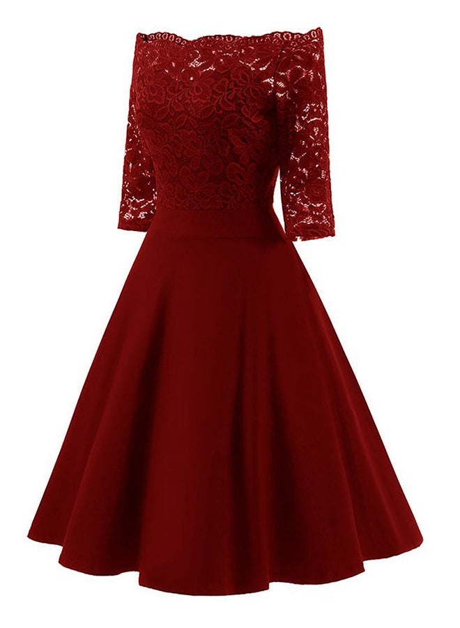 Sharpdo - Lace Detailed Solid Pattern Retro Dress Red - Image 1
