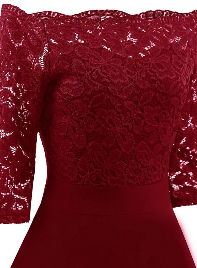 Sharpdo - Lace Detailed Solid Pattern Retro Dress Red - Image 1