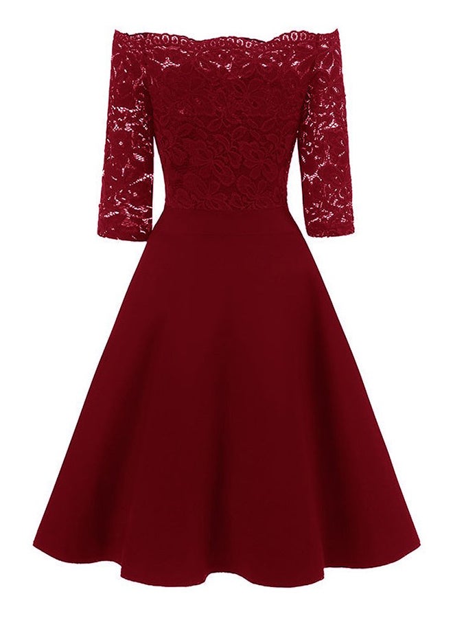 Sharpdo - Lace Detailed Solid Pattern Retro Dress Red - Image 1