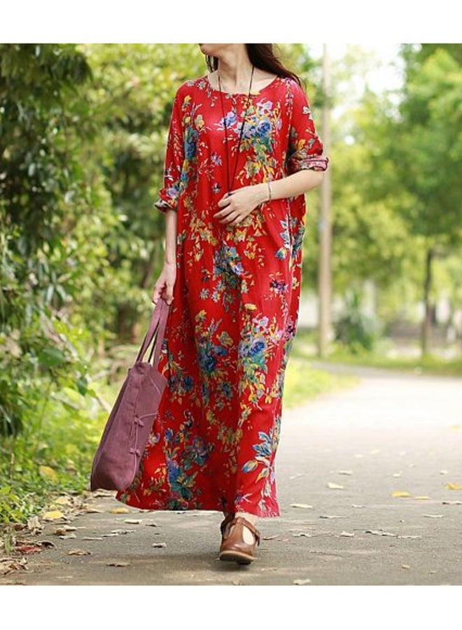 Romacci - Long Sleeve Floral Printed Robe Dress Red - Image 1