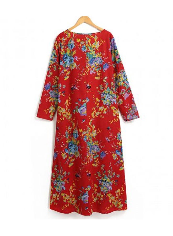 Romacci - Long Sleeve Floral Printed Robe Dress Red - Image 1