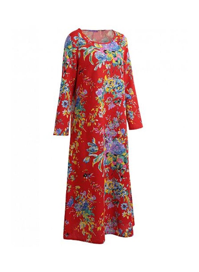 Long Sleeve Floral Printed Robe Dress Red - v1552462483/N21774352V_3