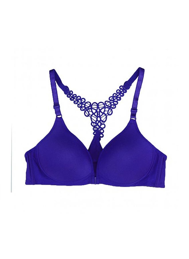 Front Closure Wire Free Crochet Lace Bra Blue 