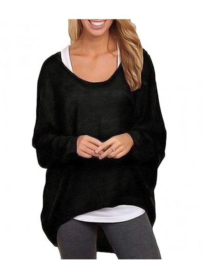 Round Neck Batwing Long Sleeve Top Black - Image 1