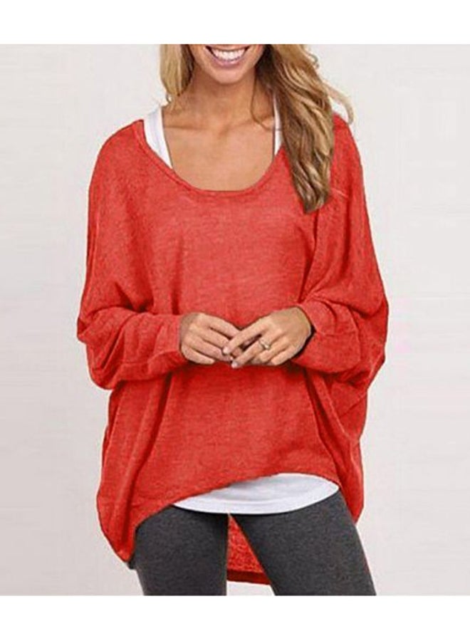 Round Neck Batwing Long Sleeves Top Red - Image 2