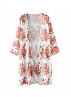 Floral Print Three Quarter Sleeve Kimono White