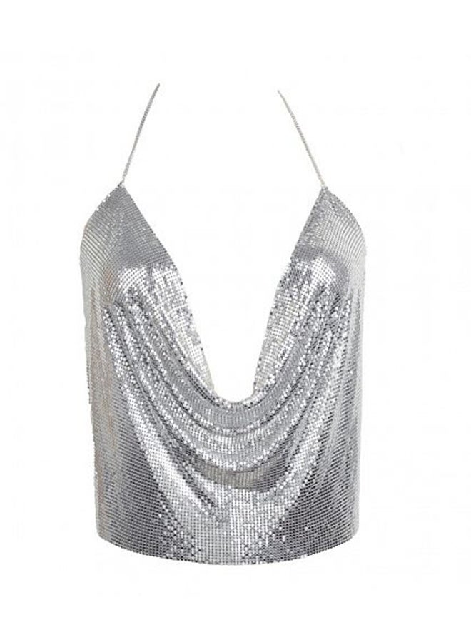 Metal Cropped Halter Neck Top Silver 
