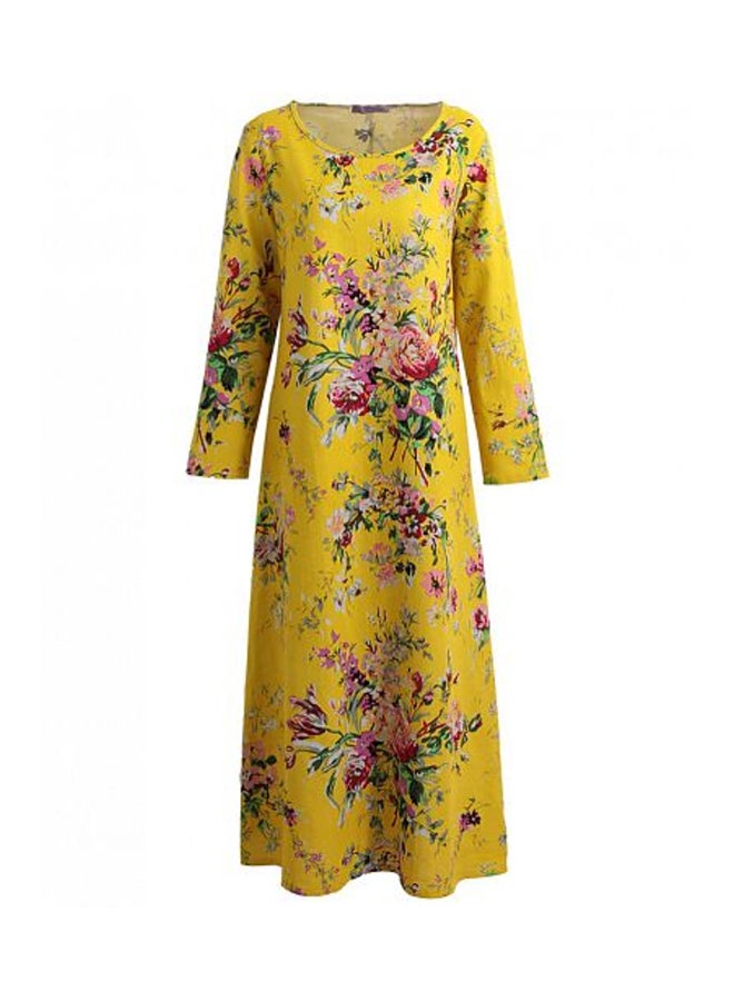 Romacci - Long Sleeve Floral Printed Robe Dress Yellow - Image 1