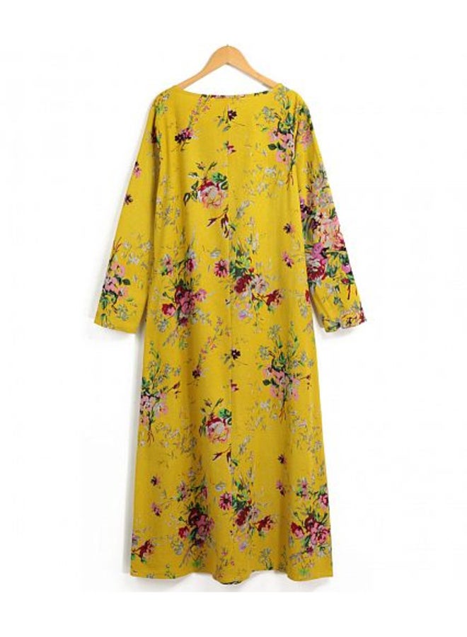 Romacci - Long Sleeve Floral Printed Robe Dress Yellow - Image 1