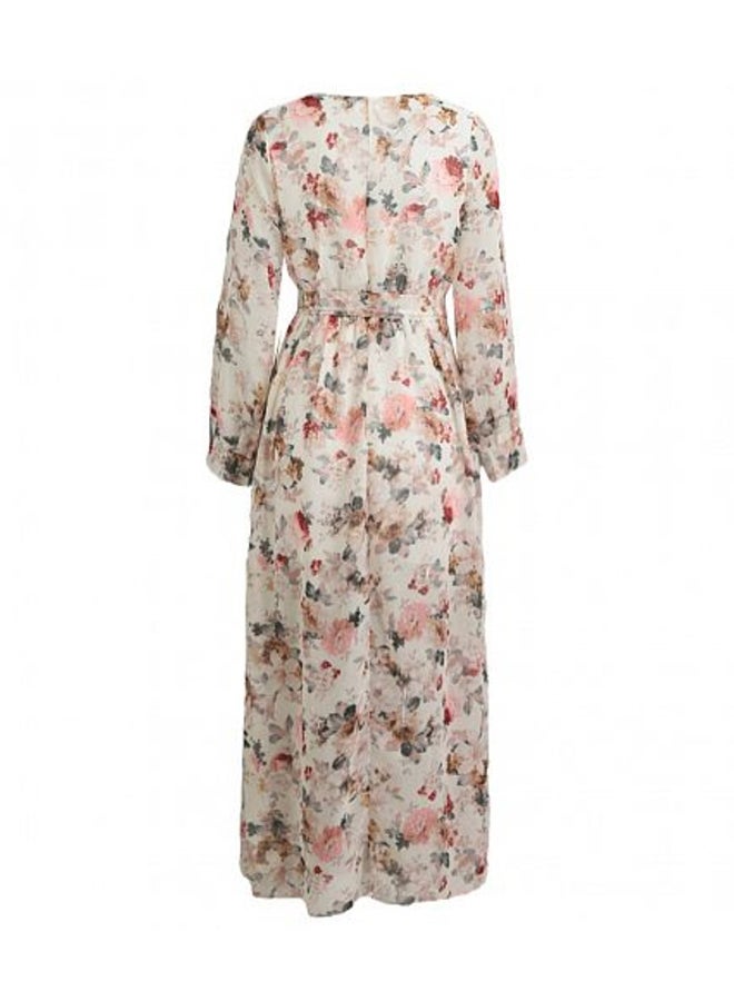 Generic - Long Sleeve Floral Printed Boho Maxi Dress Beige - Image 1