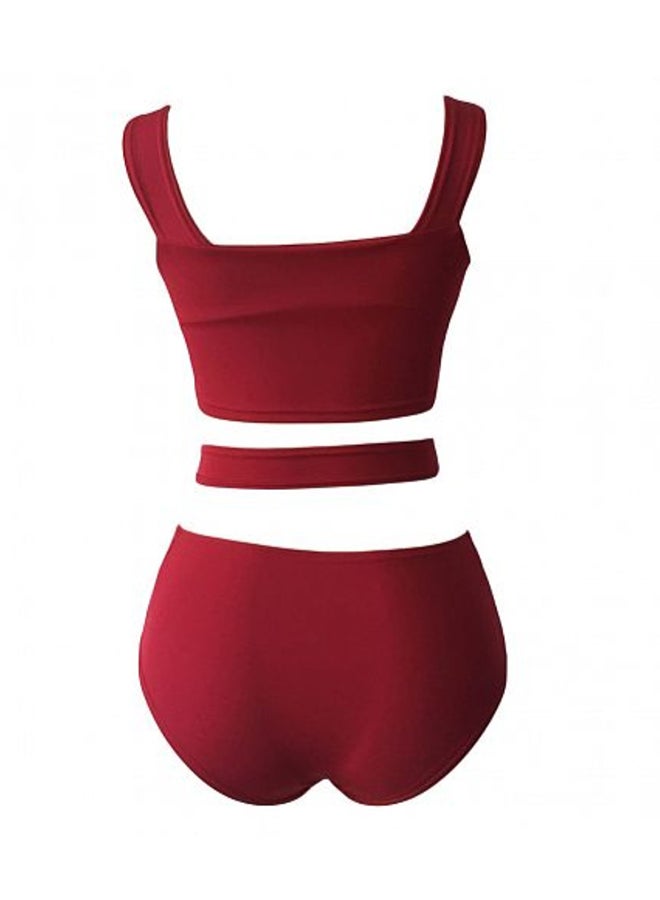 Generic - 2-Piece V-Neck High Waist Bandage Bikini Set Burgundy - Image 1