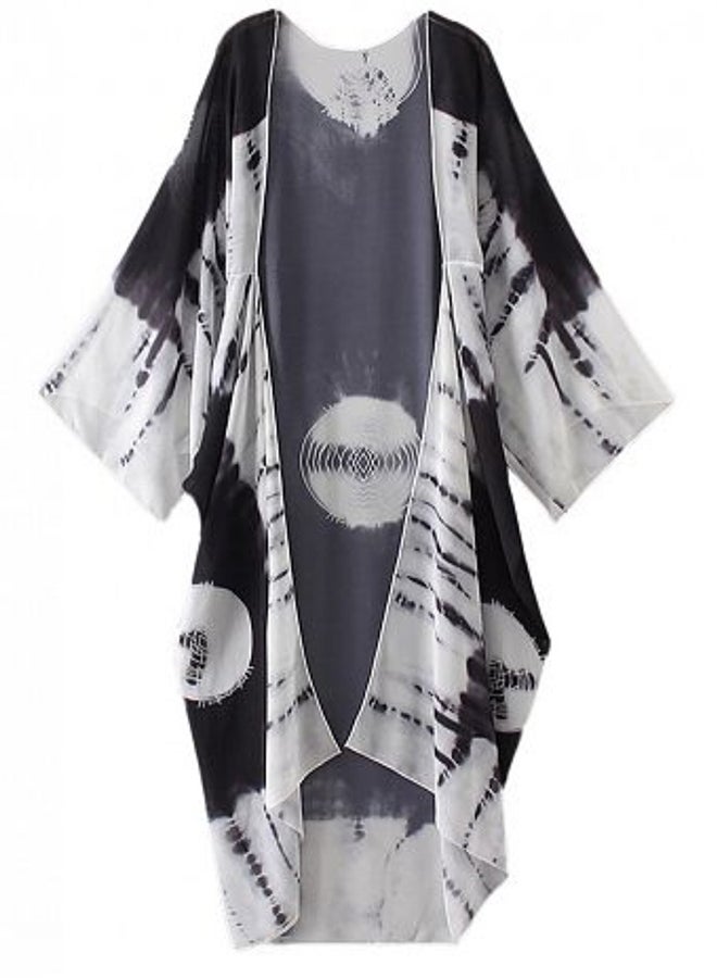 Contrast Print Cardigan Blouse Top Black - Image 1