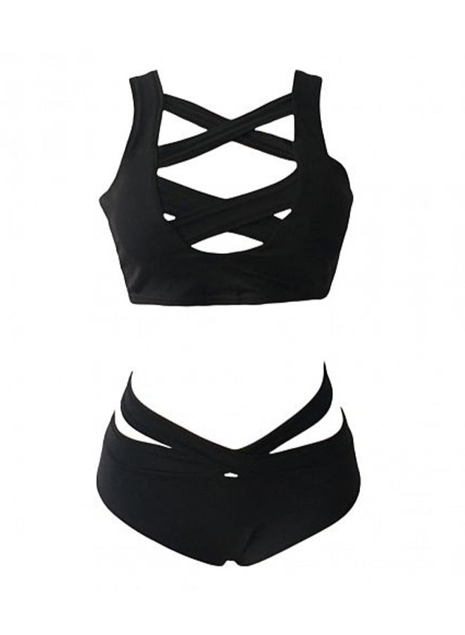 2-Piece V-Neck High Waist Bandage Bikini Set Black - Image 1