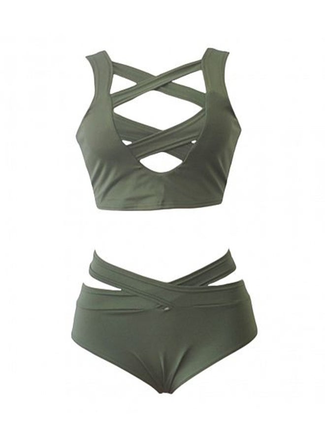 2-Piece V-Neck High Waist Bandage Bikini Set Green  - Image 1