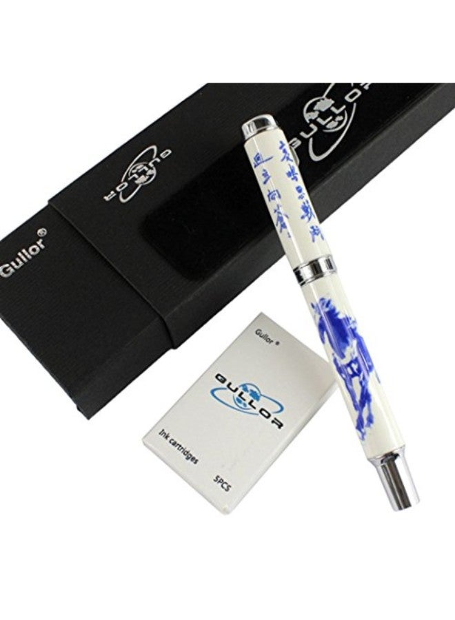 Gullor Porcelain Horse Fountain Pen With Gift Box And Ink Cartridge Blue/White - Image 3