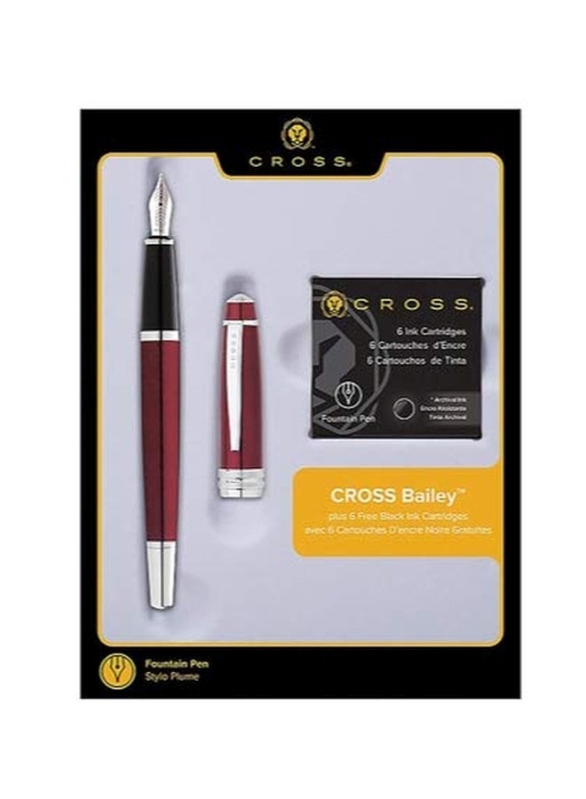 Cross Bailey Fountain Pen With 6 Ink Cartridges Red/Silver - Image 2