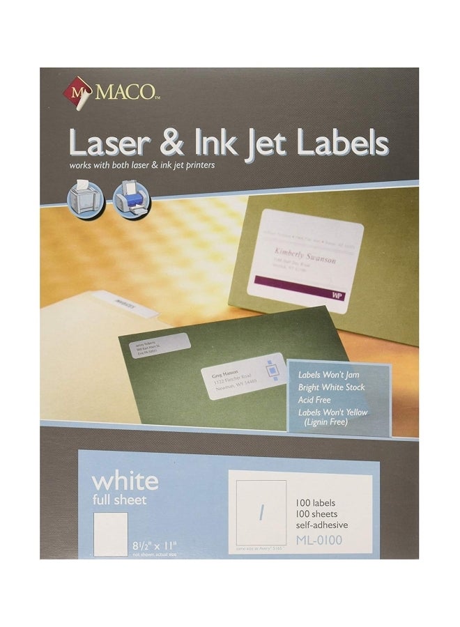 Maco - 100-Sheet Laser And Ink Jet Labels White - Image 1