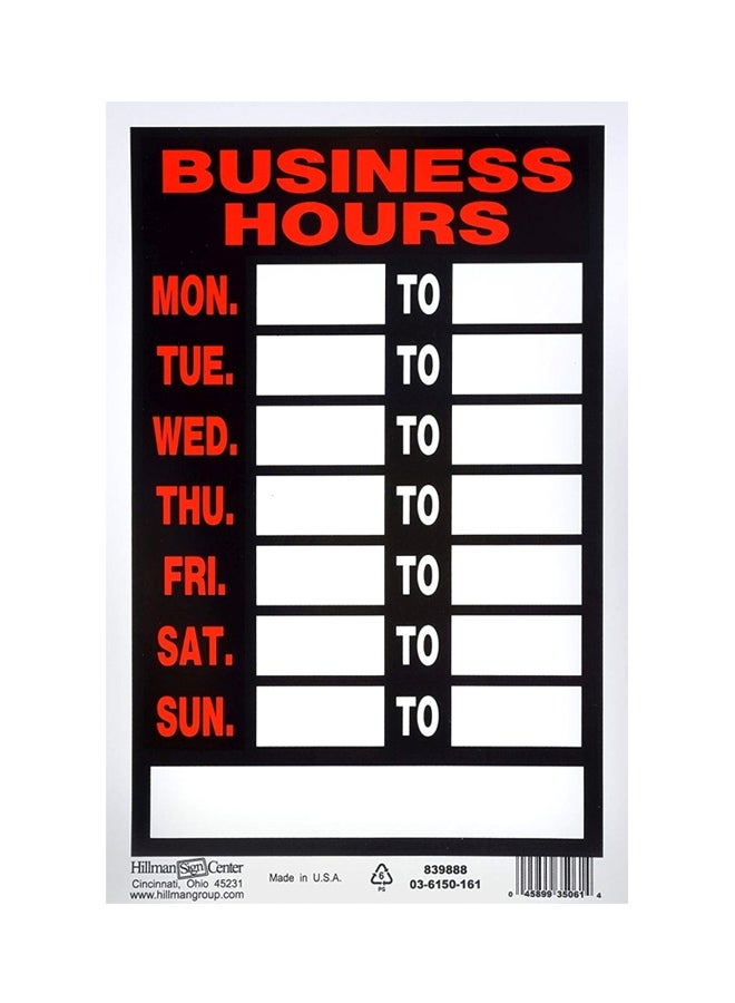 Hillman Business Hours Sign Board Black/White/Red 