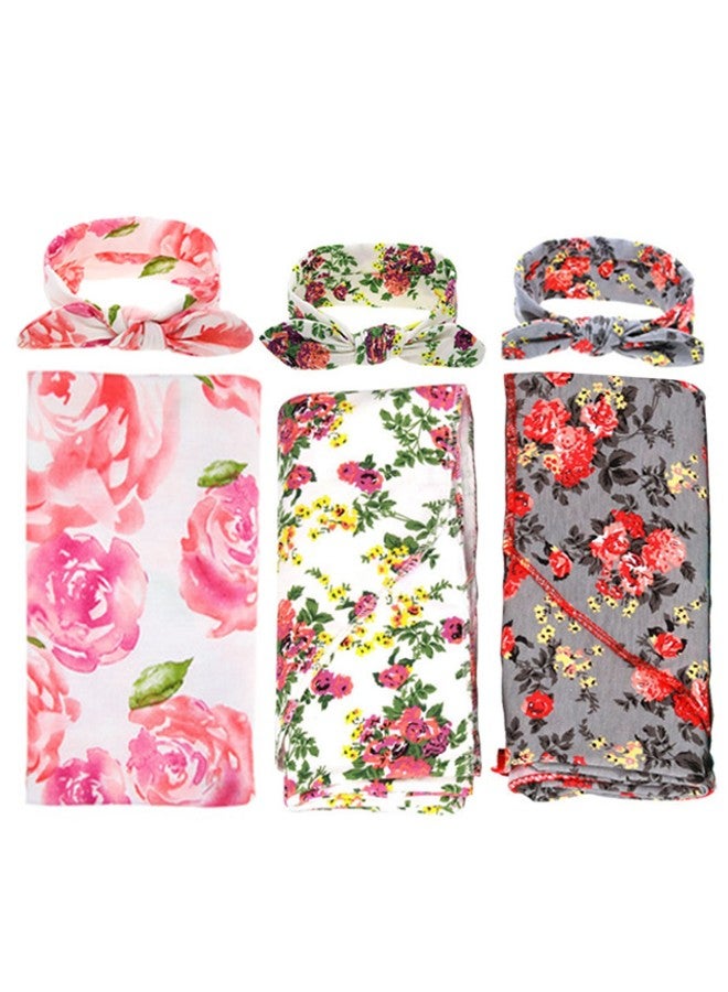 DRESHOW 3-Piece Floral Printed Receiving Blanket With Headbands  - Image 1