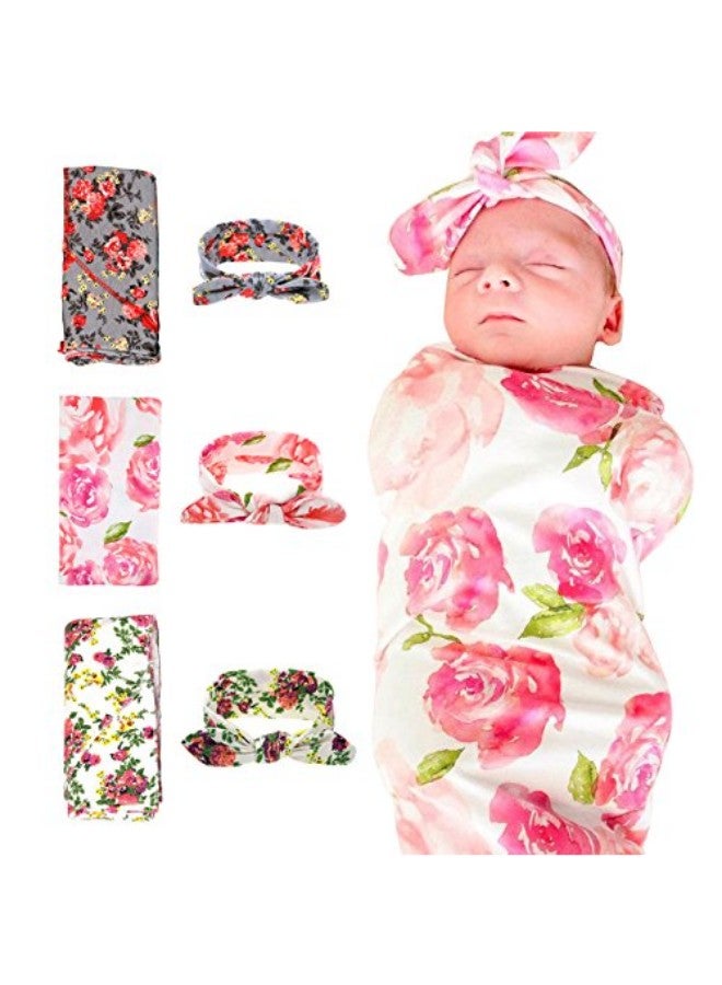 DRESHOW 3-Piece Floral Printed Receiving Blanket With Headbands  - Image 3