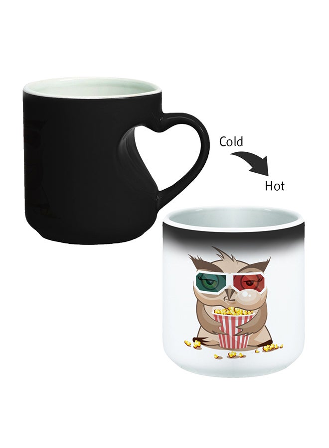 ديكالاك قدح قهوة سحري برسومات كرتونية وطبعة بومة مع مقبض على شكل قلب أسود