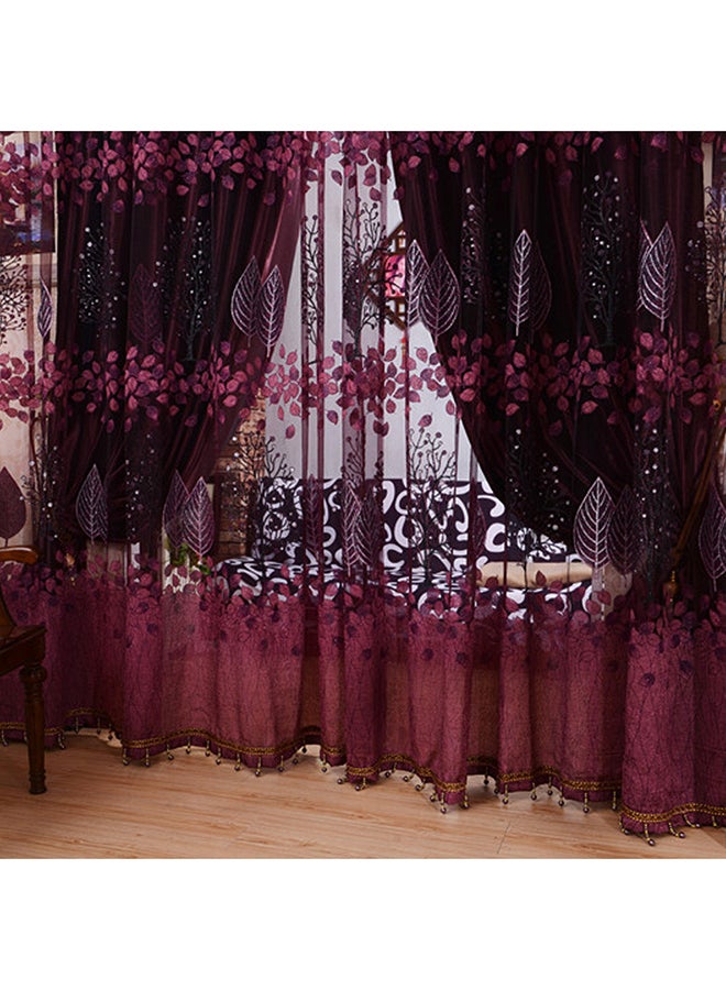 Voberry 2-Piece Modern Room Leaf Floral Washable Window Curtain With Eyelets Red 200 x 100cm - Image 2