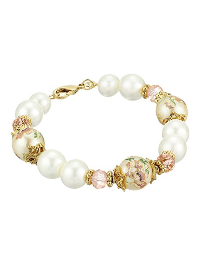 1928 Jewelry Gold Tone Flower Decal Pearl Beaded Bracelet
