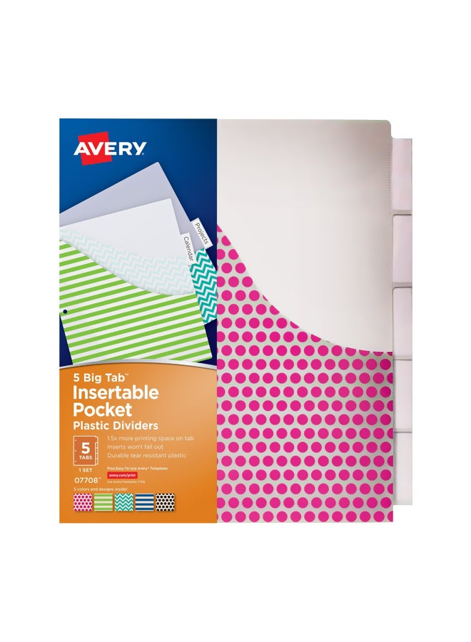 AVERY 5-Tab Insertable Pocket Plastic Dividers White/Pink  - Image 1