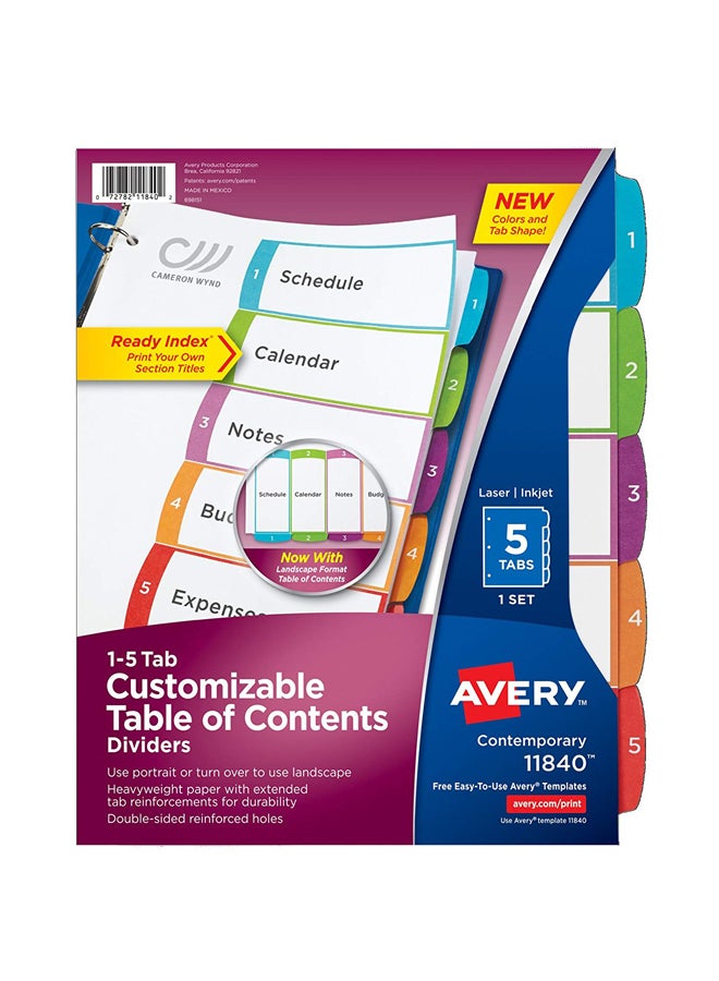 AVERY 5-Tabs Customizable Table Of Contents Dividers Multicolour  - Image 1