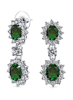 Round Crown Set CZ Oval Green Emerald Color Drop Earrings