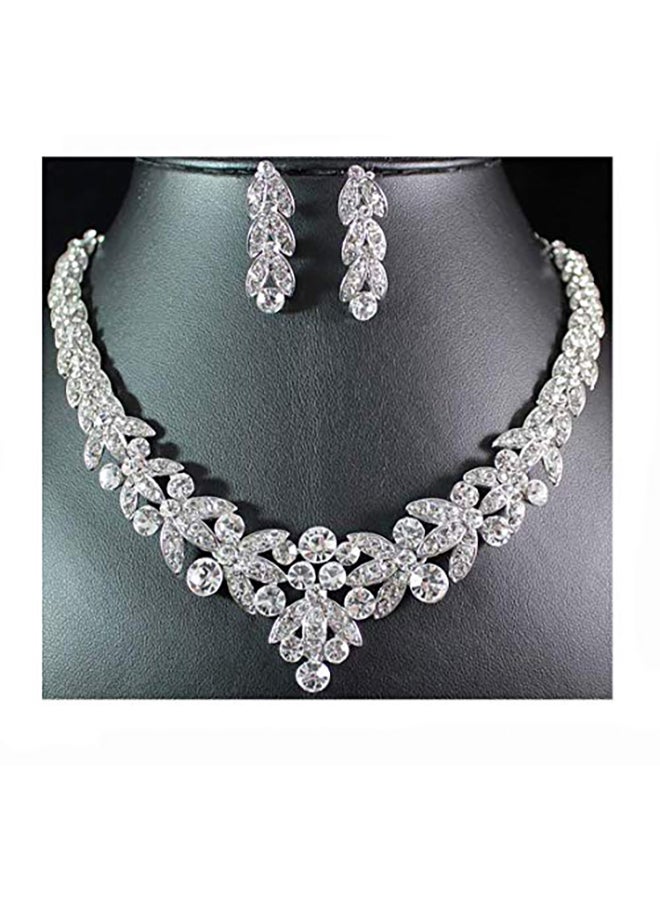 Floral Clear Crystal Necklace Earrings Set