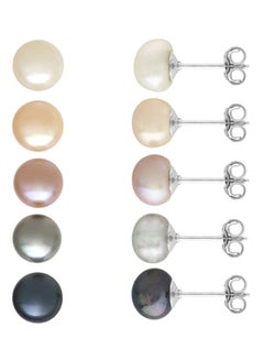 Set Of 5 Stainless Steel Round Colored Freshwater Pearl Stud Earrings