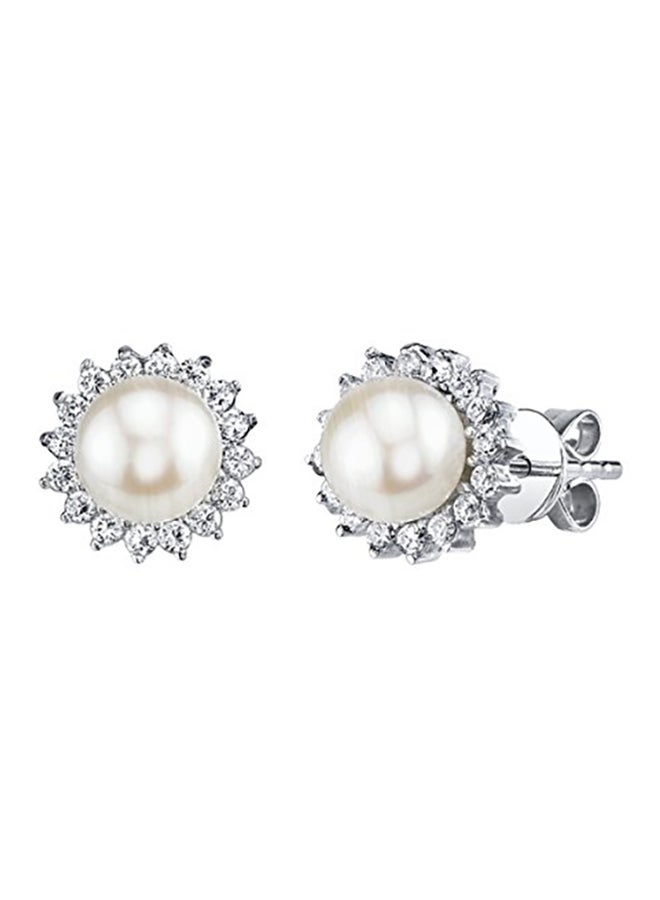 The Pearl Source 925 Sterling Silver Zirconia Freshwater Cultured Pearl Stud Earrings