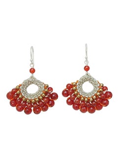 925 Sterling Silver Hand Crocheted Carnelian And Quartz Hooks Earrings
