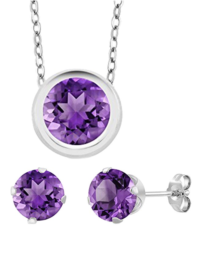 GEM STONE KING Sterling Silver Round Amethyst Jewelry Set 