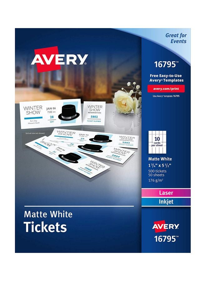 افيري 500-Piece Printable Tickets With Tear-Away Stubs Matte White - Image 1