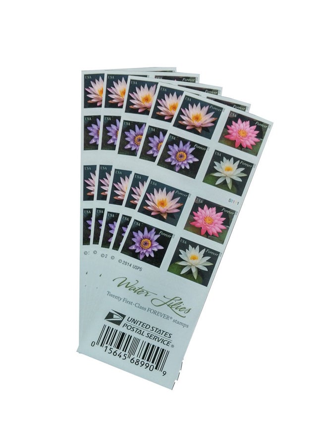 Ifusion Five Booklets Of 20 Elegant Water Lilies And Aquatic Flower Stamp White/Pink/Purple