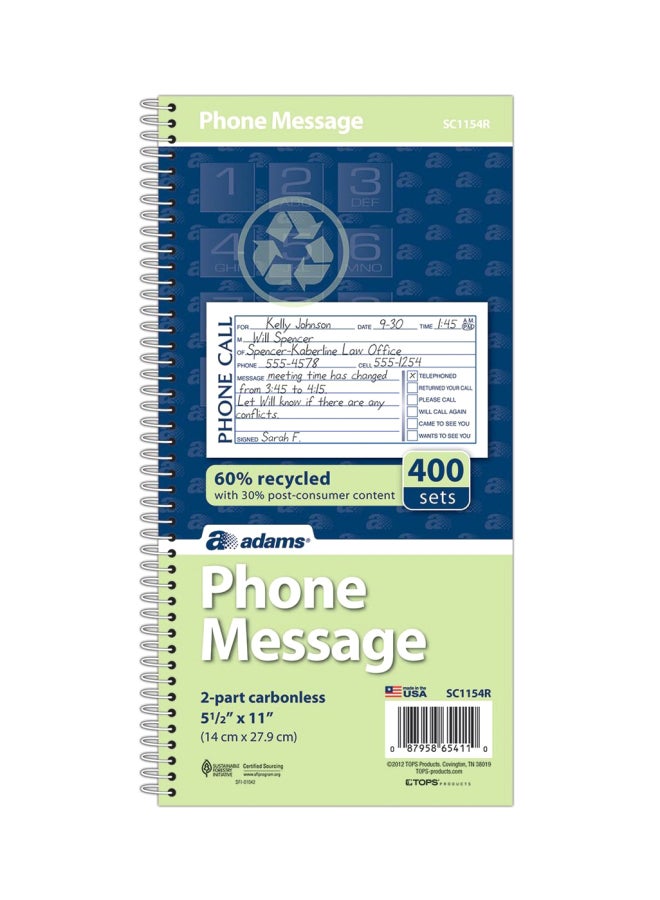 ADAMS 400-Page Phone Message Book White/Blue  - Image 1