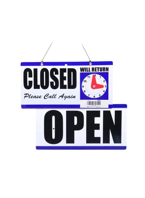 Open And Closed Hanging Sign With "Will Return" Clock White/Black/Blue